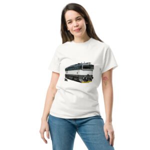 Unisex classic tee - Czech Class 754 “Brejlovec” Diesel Locomotive (Green and White) – White