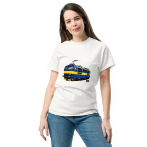 Unisex classic tee - Czechoslovak Class 350 “Gorila” Electric Locomotive (Blue and Yellow) – White